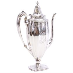 Early 20th century American silver three piece coffee service, comprising coffee pot with ivory insulators to the handle, twin handled sucrier, and cream jug, each of part reeded form chased with foliate swags and bands, each marked for Black, Starr & Frost, New York, also stamped Sterling, Chippendale Exclusive Design, coffee pot H27cm, including handles sucrier H12, including handle cream jug H15.5cm

This item has been registered for sale under Section 10 of the APHA Ivory Act