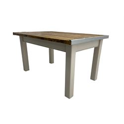 Rustic pine dining table, plank top with metal end caps, on square supports in grey paint and wax finish