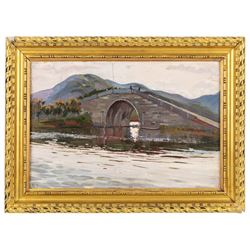 Victor Stepanovich Podgoursky (Russian 1893-1969): Chinese River Landscape, oil on board signed and dated 1928, 31cm x 46.5cm 
Notes: Russian artist who lived in China for 27 years and taught at the Shanghai Academy of Fine Arts. He was known for his paintings of Chinese life 