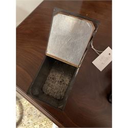 Early 19th century rosewood and brass inlaid tea caddy, of sarcophagus form, the front and hinged opening cover inlaid with brass scrolling panels, opening to reveal a compartmented interior with twin removable boxes with conforming inlaid brass detail to the hinged covers and zinc lining to the interiors, flanking a later glass mixing bowl, the whole upon four turned cylindrical feet, H21cm W36cm D20cm