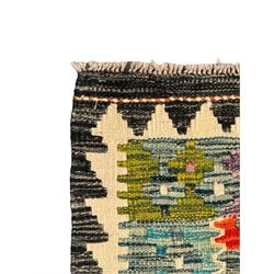 Chobi kilim multi-colour ground runner, the field decorated with lozenges and geometric patterns, within hooked border 