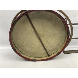 Disassembled early 20th century Boys Brigade snare drum D37cm with copy WW1 period photograph of the Kirbymoorside Boys Brigade; early 20th century hardwood clarinet; bagpipes chanter; and Dulcet E-flat penny whistle