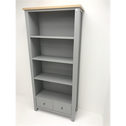 Next Malvern grey and oak finish open bookcase, three shelves above two drawers, stile supports, W84cm, H185cm, D35cm