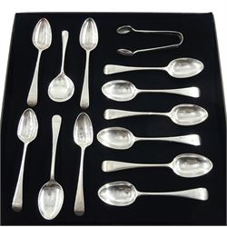 Set of four George III silver teaspoons makers mark W.S, London 1796, set of five Victorian silver teaspoons by John Aldwinckle & Thomas Slater, London 1892 three other silver spoons and a pair of silver tongs, all hallmarked, approx 9.2oz