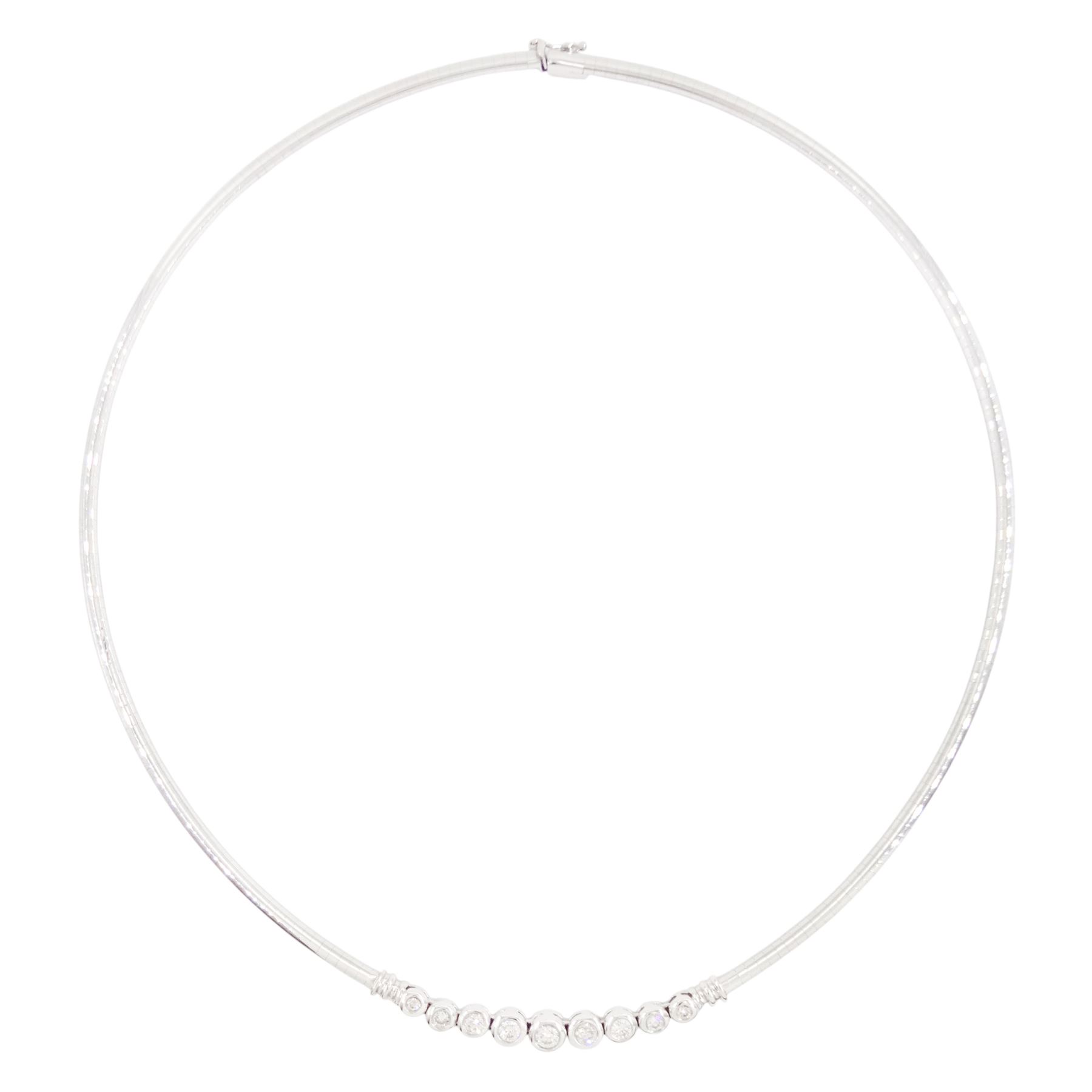 14ct white gold bezel set, nine stone round brilliant cut diamond necklace, stamped, total diamond weight approx 1.00 carat