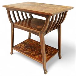 19th century mahogany coal scuttle, shaped raised back carved with shell fan motif, swing front enclosing original removable metal liner with handle, panelled front with cast drop handle, over slatted undertier (H 65cm, W 33cm, D 34cm)
Early 20th century mahogany magazine table, rectangular top and undertier decorated with gilt foliate and scroll marquetry, shaped pierced side rails forming magazine divisions, on square tapering supports (H 70cm, W 71cm, D 45cm)