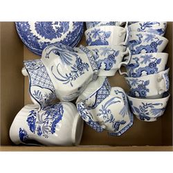 Large collection of blue and white ceramics, to include Spode Italian pattern with blue mark, Wood and Sons Yuan, pickle dish, Delft style etc, dinner plates, tea wares, bowls etc in six boxes