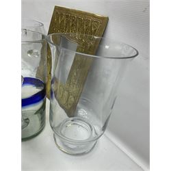 Art Nouveau style hammered brass frame, together with four glass jugs, glass ice bucket and vase, frame H31cm