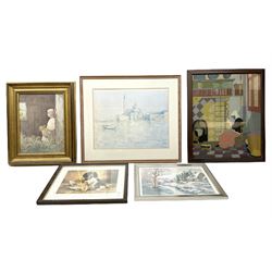 After Claude Monet (French 1840 - 1926): 'San Giorgio Maggiore', colour print; After Adolf Sehring (American 1930-): Summer Daydream, textured print; after John Trickett (British 1952-): Spaniel Puppy, colour print signed together with two needleworks (5)