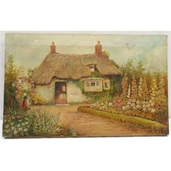 John Syer Jnr (British 1846-1913): Sheep on a Country Lane, oil on board signed 33cm x 44cm; F Fletcher (19th century): Country Garden, oil on canvas signed 40cm x 63cm (unframed) (2)