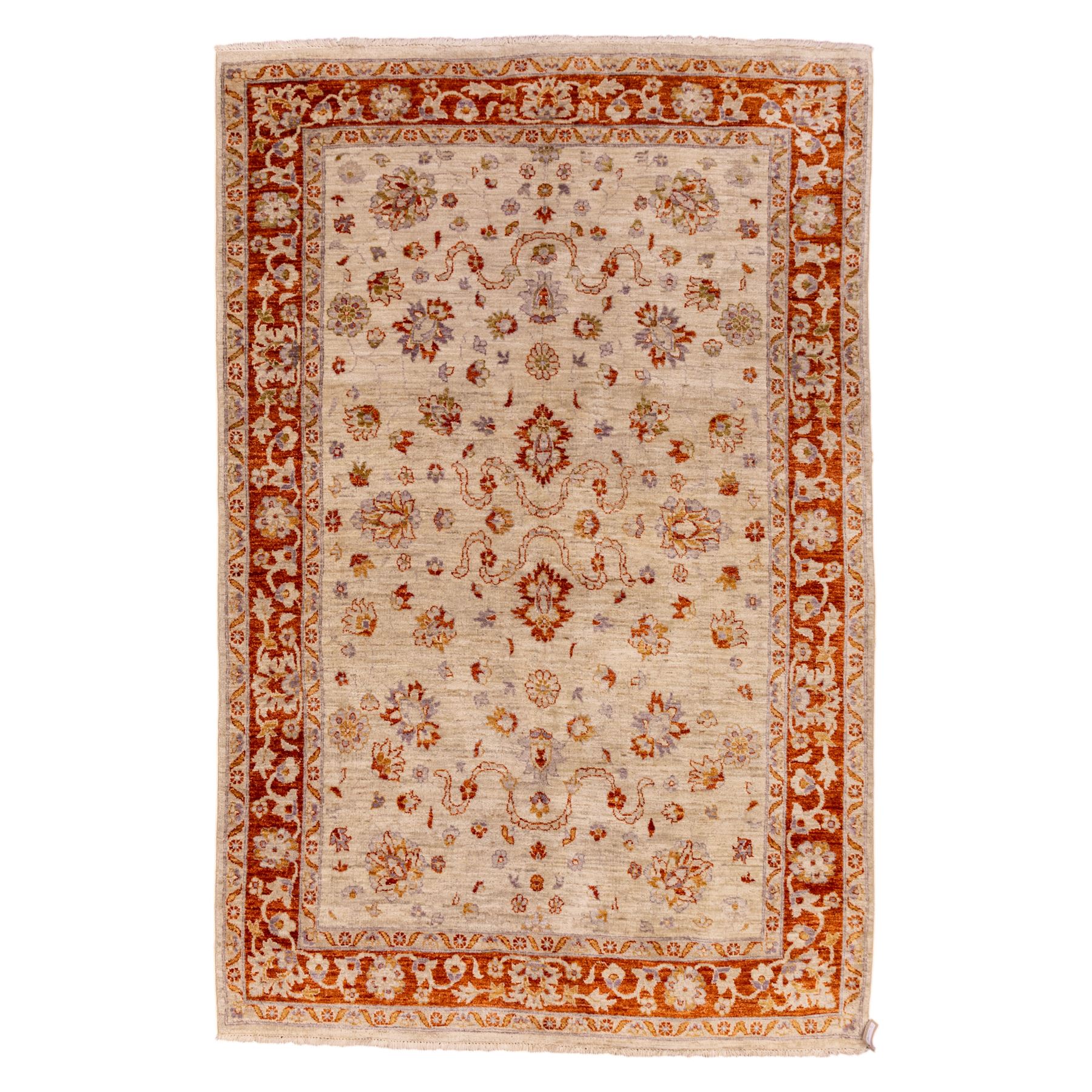 Indian Agra hand knotted rug, the pale beige field decorated with scattered floral sprays and stylised palmettes, enclosed within a wide terracotta border of scrolling foliage and flowerheads between narrow guard bands, finished with fringe ends