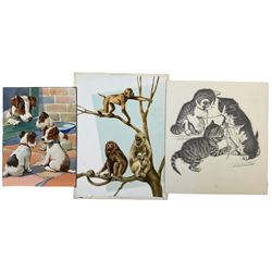 English School (Mid 20th century) Puppies, watercolour illustration unsigned 20cm x 15cm; Monkeys, watercolour illustration unsigned 25cm x 18cm; Kittens, pencil illustration unsigned 23cm x 21cm (3) (unframed)