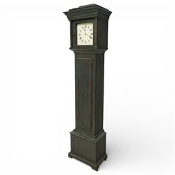20th century Sligh longcase clock, the painted rectangular case with stepped and moulded hood enclosing a square painted dial with Roman numerals and spade hands, the trunk with single panelled door and moulded plinth base, the eight day weight driven movement with brass plates, chain driven train, anchor escapement and outside countwheel striking mechanism, issuing on a series of tuned rods with pendulum and brass cased weights