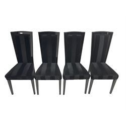 Set of four contemporary ebonised high back dining chairs, upholstered in black velvet fabric