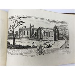 Samuel Buck: Ruins, Abbeys and Castles of Yorkshire. Bound collection of twenty-five engraved views dated 1720 - 1728 including Burstal Abbey Hull, Bolton Abbey, Whitby Abbey, Scarborough Castle, Malton Priory etc and list of subscribers; oblong folio; mottled half leather and suede binding by Etherington, Thorpe & Co., Pudsey