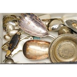 Pair of folding lorgnettes in tortoiseshell case, another in mother of pearl case, 800 standard silver saucer dish 'Stella Polaris', salt inset with a George II coin, plated cutlery etc