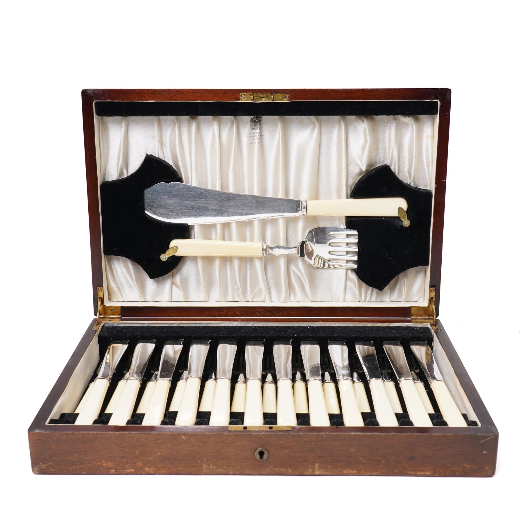 Set of twelve dessert knives and forks with engraved plated blades, silver collars and mother of pearl handles by Walker & Hall in oak box Sheffield 1927 and a set of twelve plated fish knives and forks with servers, boxed