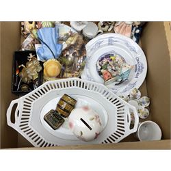 Quantity of silver-plate, glassware and ceramics, animal figures, wood carved figures, costume jewellery etc in five boxes