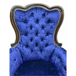 Victorian style mahogany framed armchair, upholstered in blue crushed velvet studded fabric