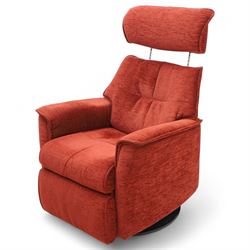 Contemporary electric reclining swivel rocker armchair, upholstered in textured red chenille fabric, high back with integrated headrest and panelled cushioning, on a circular base, requires power unit