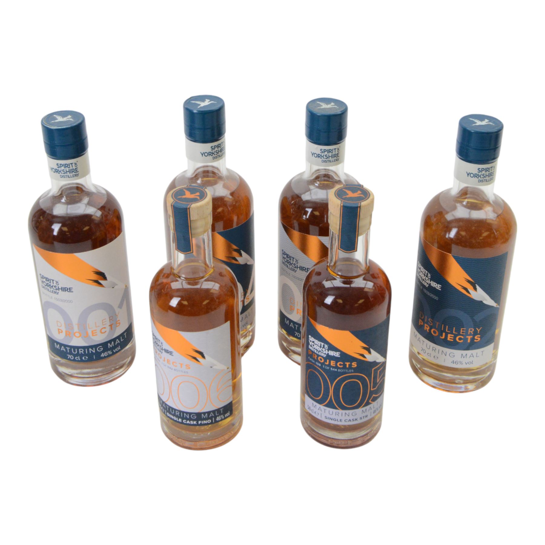 Spirit of Yorkshire Distillery, distillery projects maturing malts, full set of six, projects 001-004 70cl 46% vol and project 005, 006 50cl 46% vol