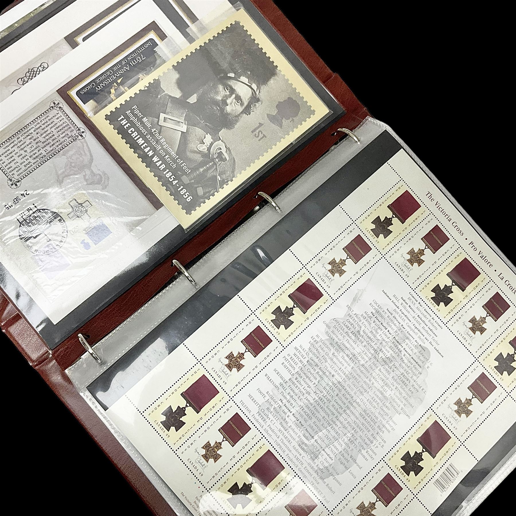 Album containing over seventy Victoria Cross and George Cross related First Day Covers, Medal Covers, Coin Covers, PHQ cards and postcards, Presentation Packs etc; some bearing signatures of the recipient.