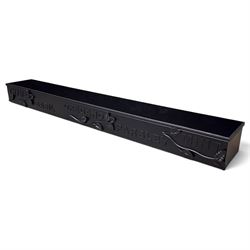 Black-painted iron herb planter, the long rectangular body embossed ‘Thyme, Basil, Oregano, Parsley, Mint’ with applied foliate decoration, containing five removable handled liners