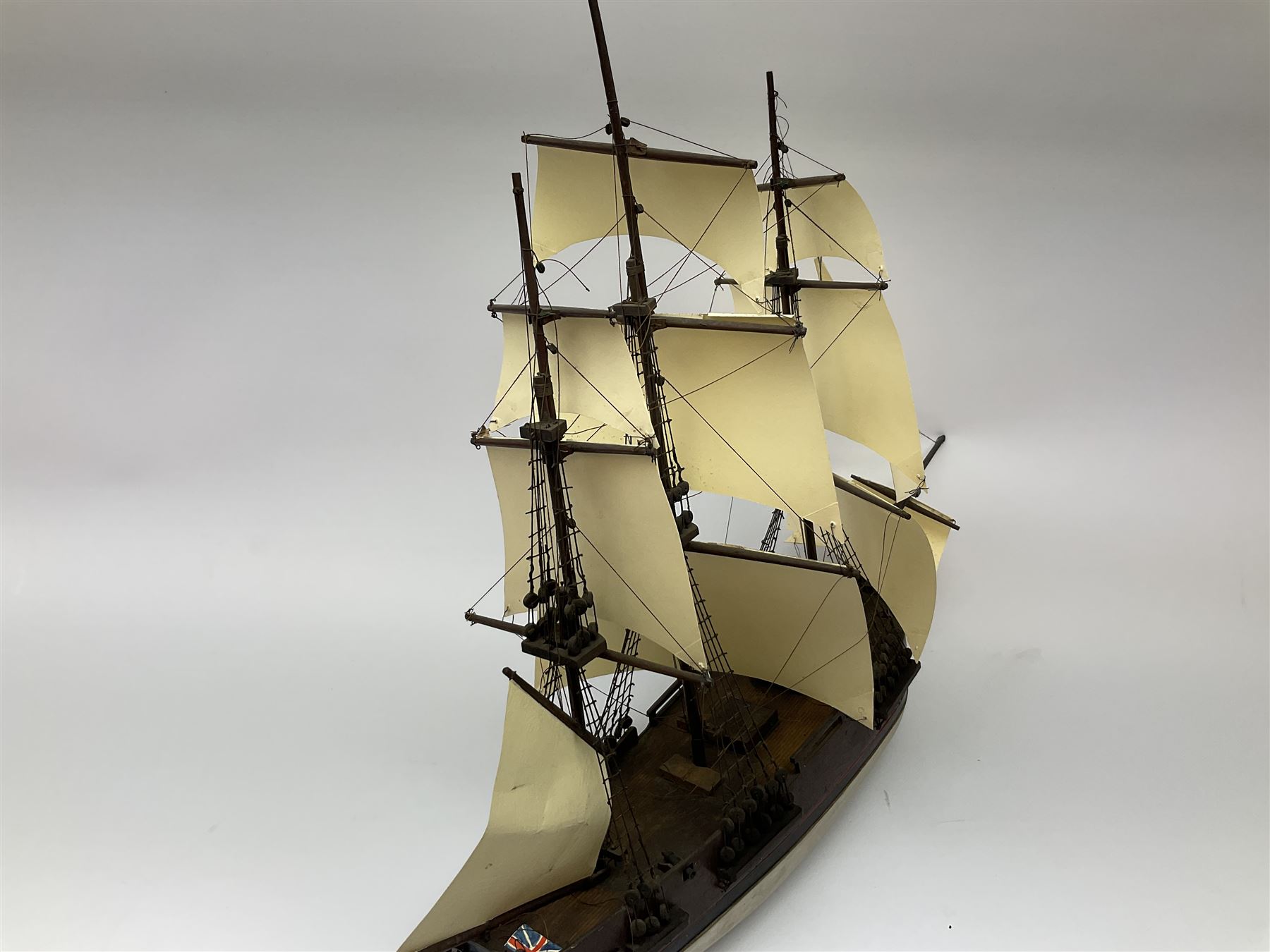 Late 19th, early 20th century, scratch built model of a three masted sailing ship with rigging, H50cm 