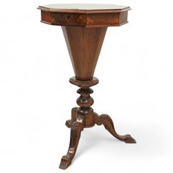 Victorian mahogany trumpet sewing or work table, moulded octagonal hinged lid with parquetry inlaid band, with fitted interior, on turned and foliage carved pedestal with three out-splayed supports 
