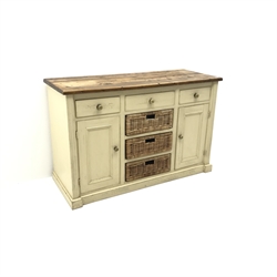  Solid Pine cream paint finish sideboard, three drawers above three wicker basket drawers and two cupboards, plinth base, W150cm, H97cm, D60cm  