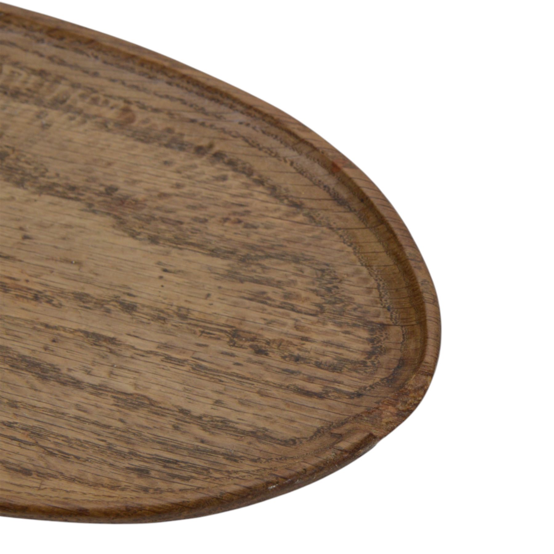 Gnomeman - tooled oak dish, carved with rose motif to the center, carved beneath with gnome signature, by Thomas Whittaker, Littlebeck, L36cm