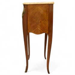 Pair of Louis XV style kingwood and marquetry bedside cabinets, the serpentine sienna marble top above two bombe fronted drawers with rococo style bronze handles and masks on slender cabriole legs terminating in bronze sabots  