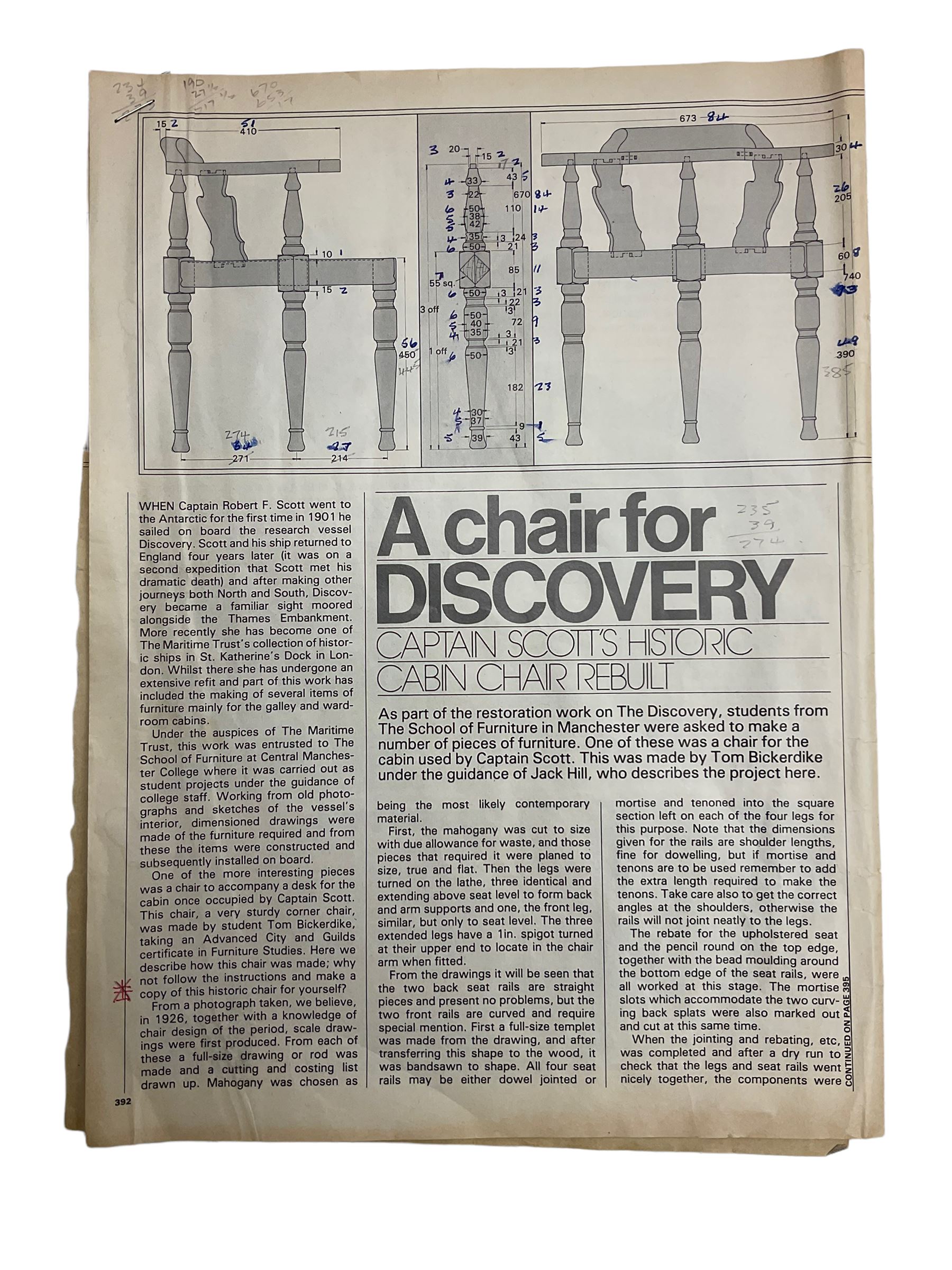 Captain Scott replica mahogany cabin chair, corner shaped with studded leather seat, with miniature prototype and paperwork