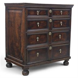 Late 17th century moulded front oak chest of drawers, rectangular plank top. above two ban...