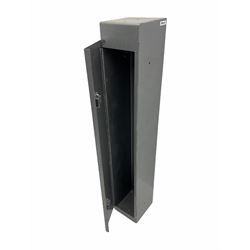 Grey painted steel gun cabinet, no internal divisions, internally H128cm W20cm D22cm with double locking single door