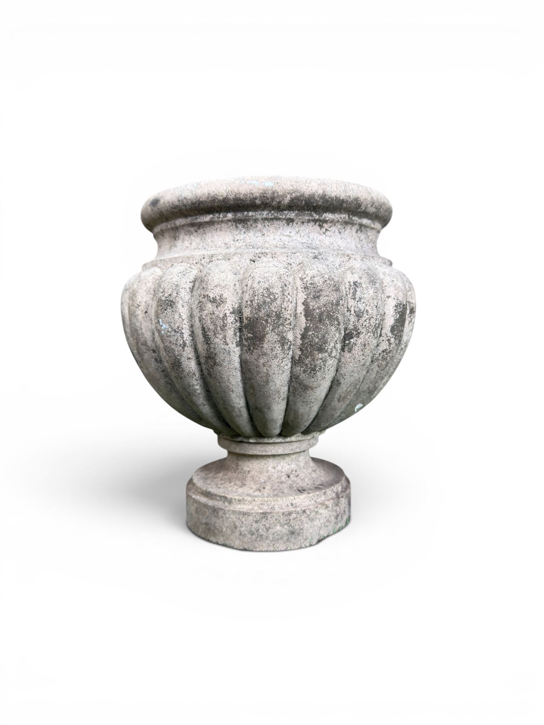 Small marble campana pedestal urn, fluted lobes raised on circular pedestal foot
