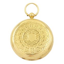 Victorian 18ct gold open face fusee lever pocket watch, No. 27704, gilt  dial with Roman numeral hour markers and subsidiary seconds dial, case by Wickes & Trahern, Chester 1887