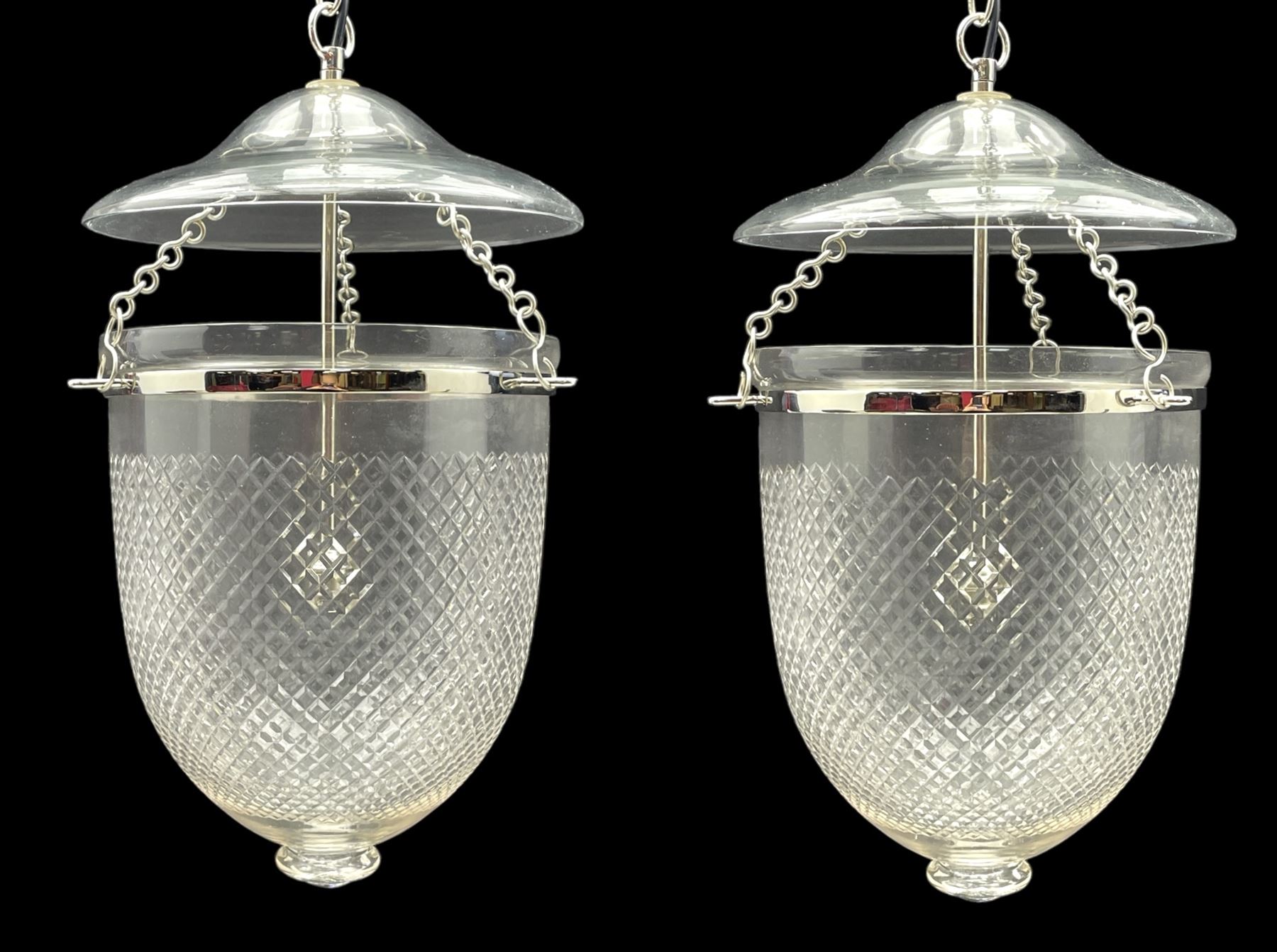 India Jane Interiors - pair of glass hallway lanterns, hobnail glass bell shaped jar, wide shaped glass dish, silvered metal chains and band with single branch 