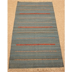  Kilim blue ground rug, red and beige striped field, 150cm x 80cm  