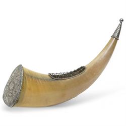 Horn flower holder with white metal mounts and Malaysian coat of arms L36cm