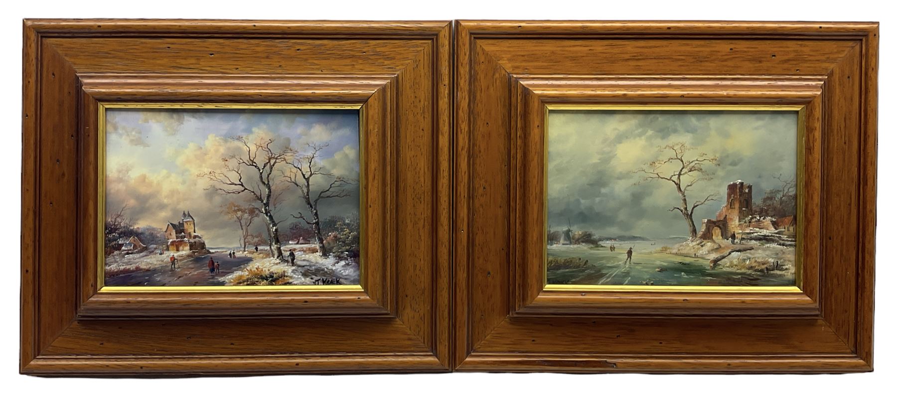After Johannes Hermanus Koekkoek (Dutch 1778-1851): Ice Skating on the Canal and Winter Flatland Landscape, pair 20th century oils on panel signed J Koek 12cm x 17cm (2)
