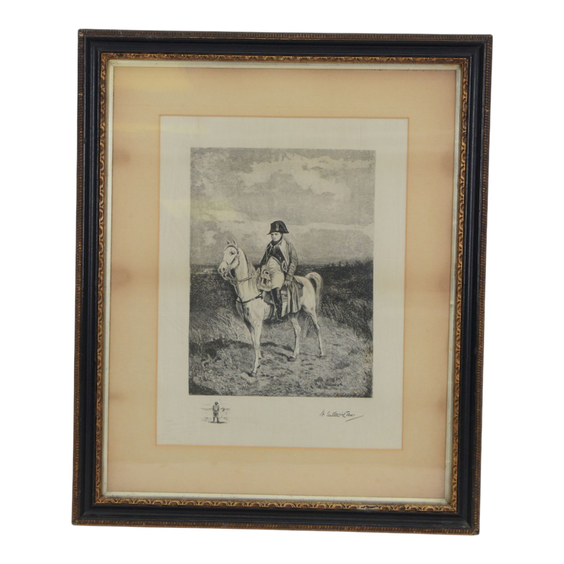 J.L.E. Meissonier Napoleon Bonaparte Etching on Silk, depicting Napoleon on Marengo in military uniform, from the painting by Ernest Meissonier, etched by Walter Edwin Law, H56cm, W46cm