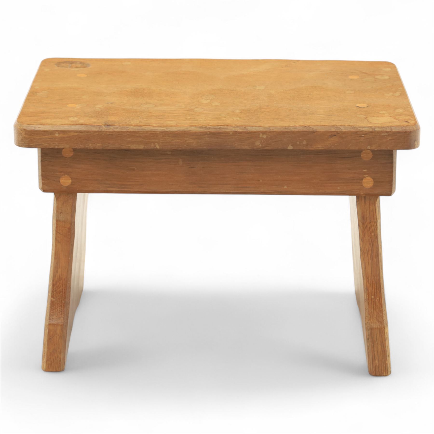 Acornman - adzed oak occasional table, rectangular top with exposed pegged joints and chamfered edges, raised on square chamfered legs, with signature carved acorn, by the workshop of Alan Grainger, Brandsby