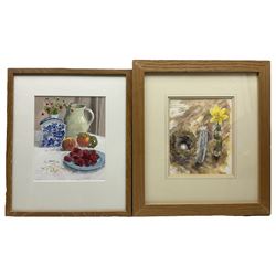 Susan Pontefract (British 20th century): 'Loganberries and Wild Strawberries', acrylic signed, labelled verso 27cm x 22cm; Kate Rose (British 20th century): Still Life of Egg in Nest and Daffodil, mixed media signed 24cm x 20cm (2)