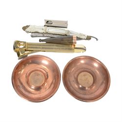 Cheroot holder with 9ct gold collar, silver cheroot holder, two cigar /cigarette cutters, two Victorian copper dishes set with Victorian penny, Otis King calculator and brassware, including folk art box, set of postage scales and Royal commemorative Prince Albert tobacco jar, match holder, etc