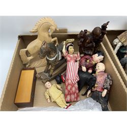 Collection of 20th century, mostly Chinese collectables, to include carved wooden horses, cork sculpture, pair of hardstone bird figures on stands, dolls, etc