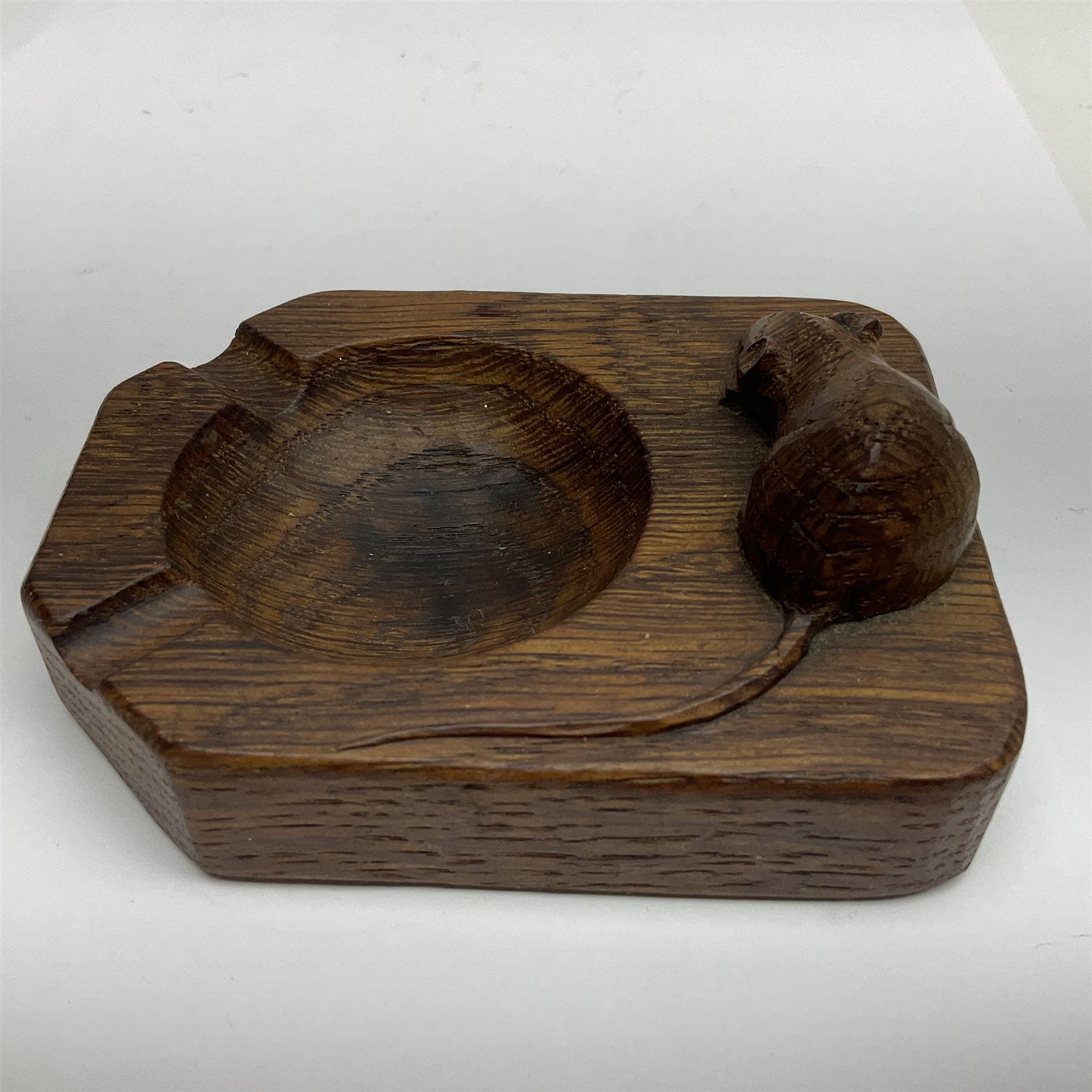 Mouseman - oak ashtray, rectangular form with rounded and canted corners, carved with mouse signature, by the workshop of Robert Thompson, Kilburn