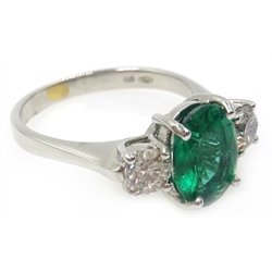  18ct white gold oval emerald and round brilliant cut diamond ring, hallmarked, emerald approx 1.6 carat   