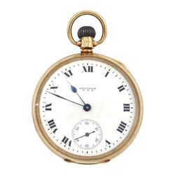 Early 20th century open face keyless lever pocket watch by American Watch Company, Waltham, No. 23851502, white enamel dial with Roman numerals and subsidiary seconds dial, case by Dennison, Birmingham 1912