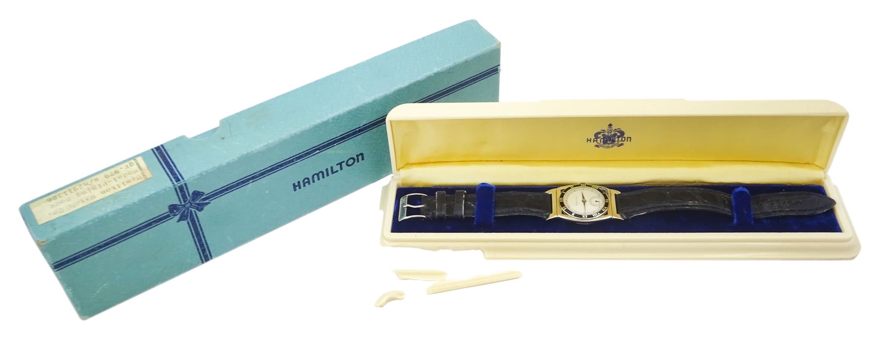 Hamilton Piping Rock gentleman's 14ct white gold manual wind wristwatch, circa 1929, movement No. 2911386, Cal. 979, silvered dial with subsidiary seconds dial and applied tracking, Tonneau shaped case with swivel lugs, enamelled bezel with Roman numerals markers, back case No. 128574, stamped 14K, boxed